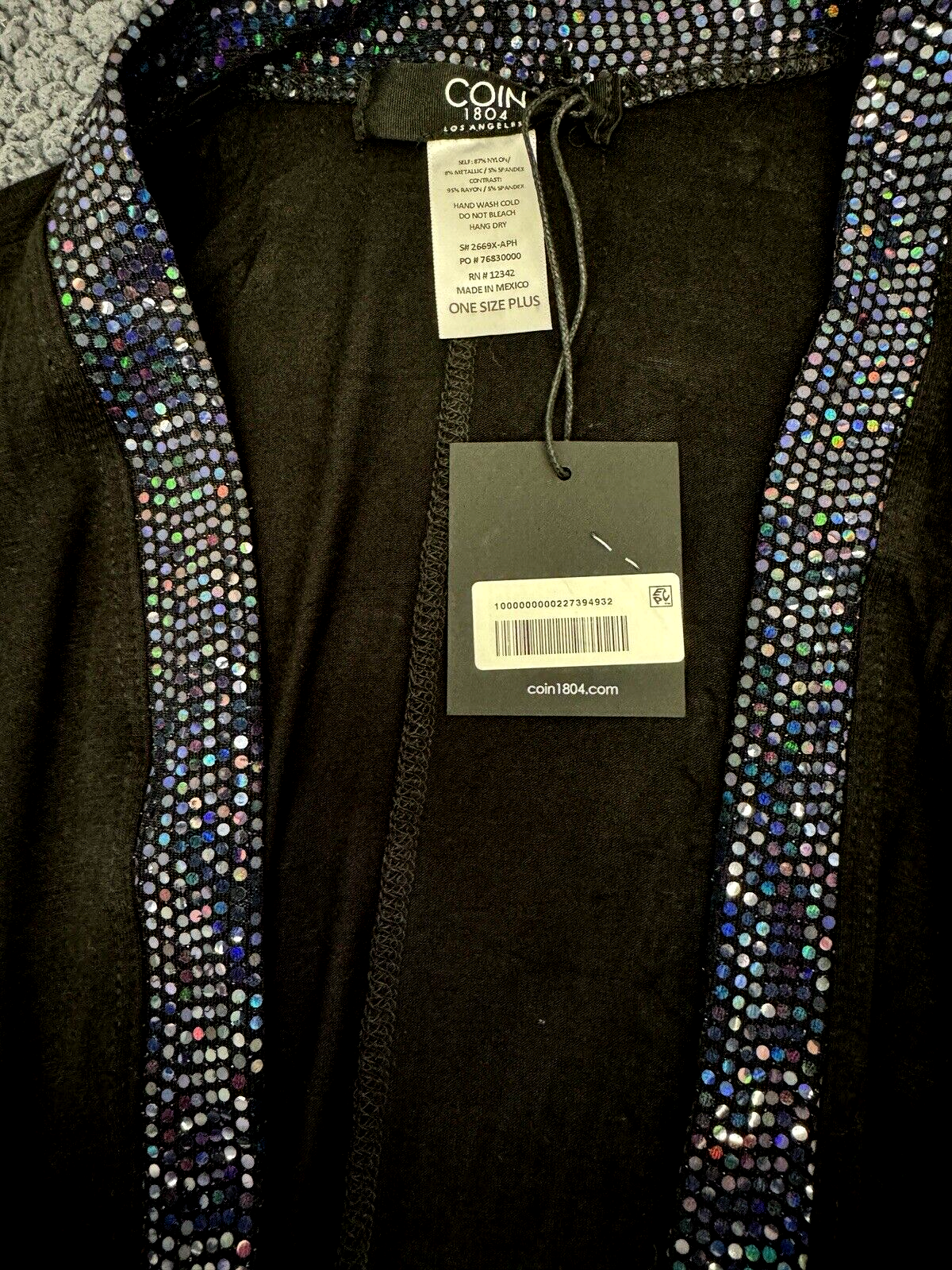 COIN 1804 Plus One Size Black Sequin Blue Trim Open Front
