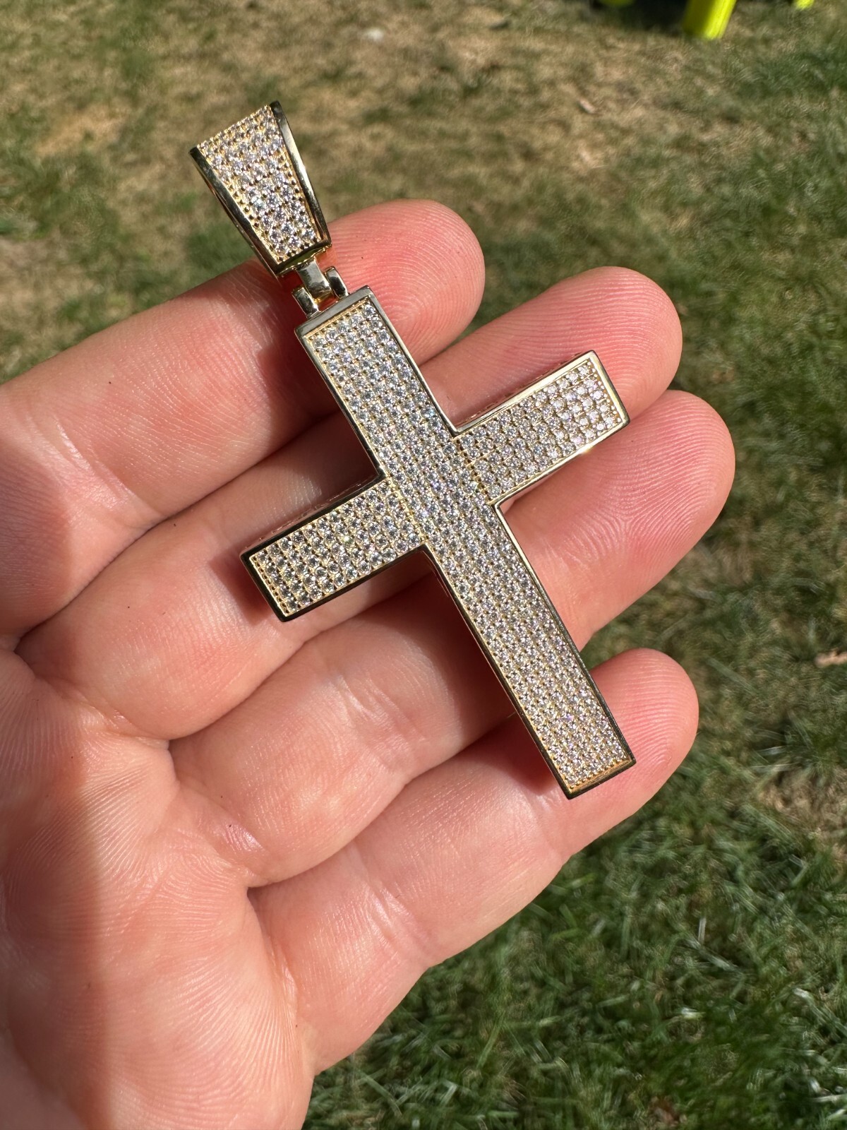 Pre-owned Hip Hop Solid 10k Yellow Gold 3ct Vvs Moissanite Cross Pendant Necklace 19g Mens Large In White