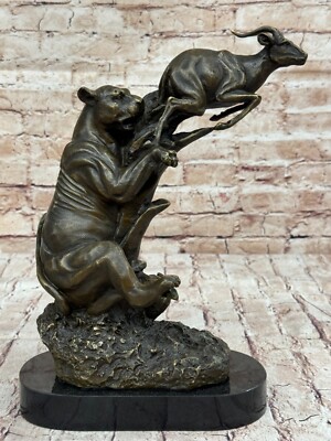 Large Bronze Sculpture Lion Hunting a Gazelle Stunning Detail 12.5" High SALE
