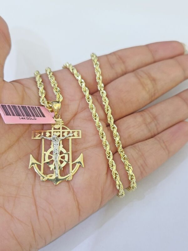 Real 14k Yellow Gold Rope Chain Jesus Anchor Charm Set 3mm 18"-26" Necklace