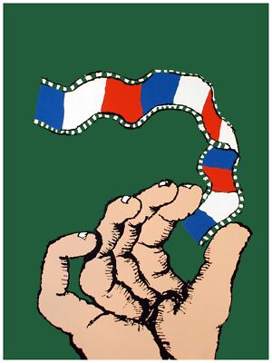 1838 Man' hand holding Red, blue & white film quality Poster.Decorative Art.