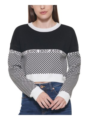 

DKNY JEANS Женский черный короткий свитер с круглым вырезом и длинными рукавами в рубчик