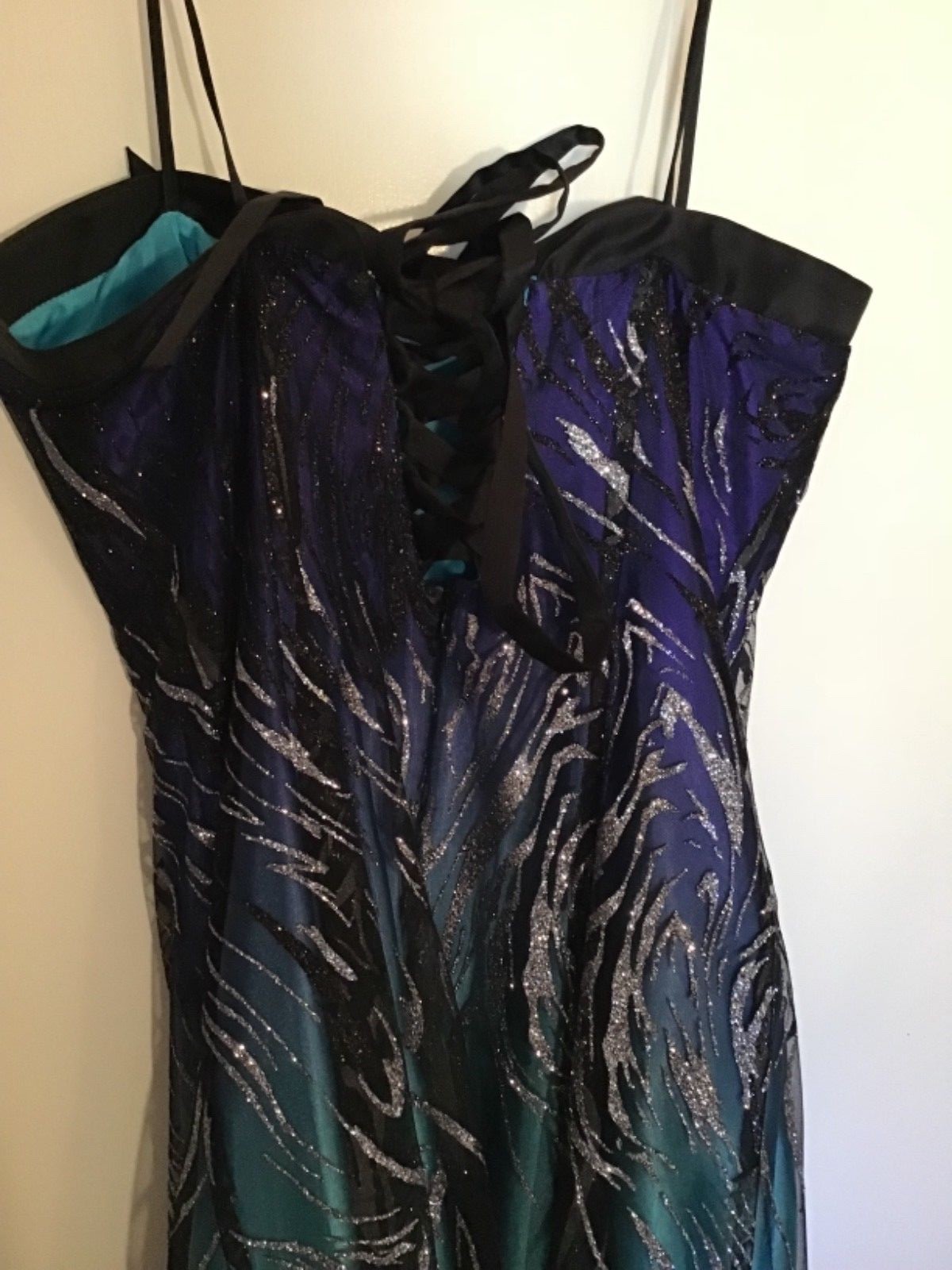 NV Couture Strapless Gown Size 14 Lace-up Glamorous Back Black Blue Purple USA