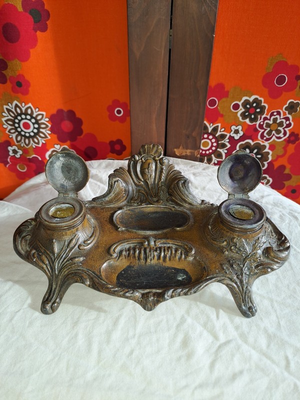 Occasion Double Encrier En Fonte Sur 4 Pieds DÃ©Cor Roseaux Et Feuillages Plumier