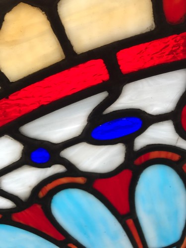 SG 2648 amazing antique arched jeweled Stainglass window 38 x 68.75