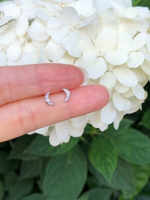 925 Sterling Silver Small Tiny Cz Moon Post Stud Earrings 6mm