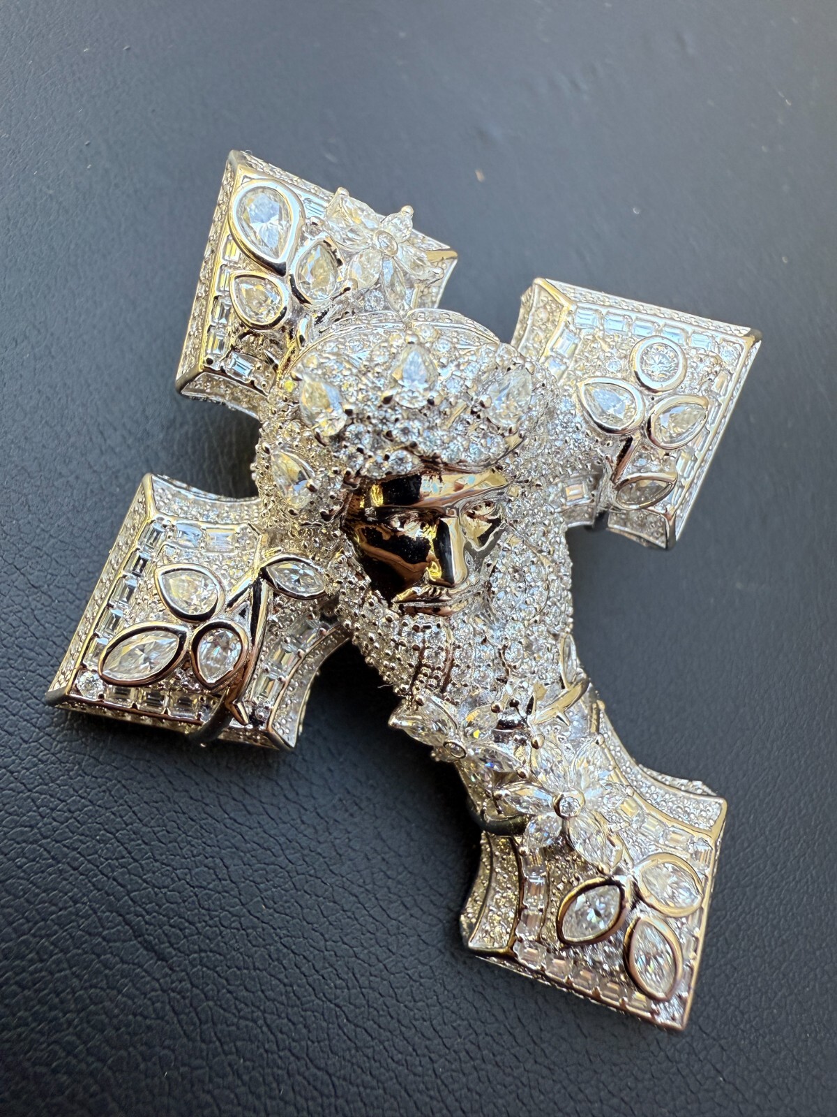 Pre-owned Hip Hop Moissanite 3d Cross Jesus Face Pendant Iced Necklace Real 925 Silver / 14k Gold In White