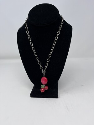 Susan Shaw Silver Tone and Red With Green Leaves Beaded Necklace 17 