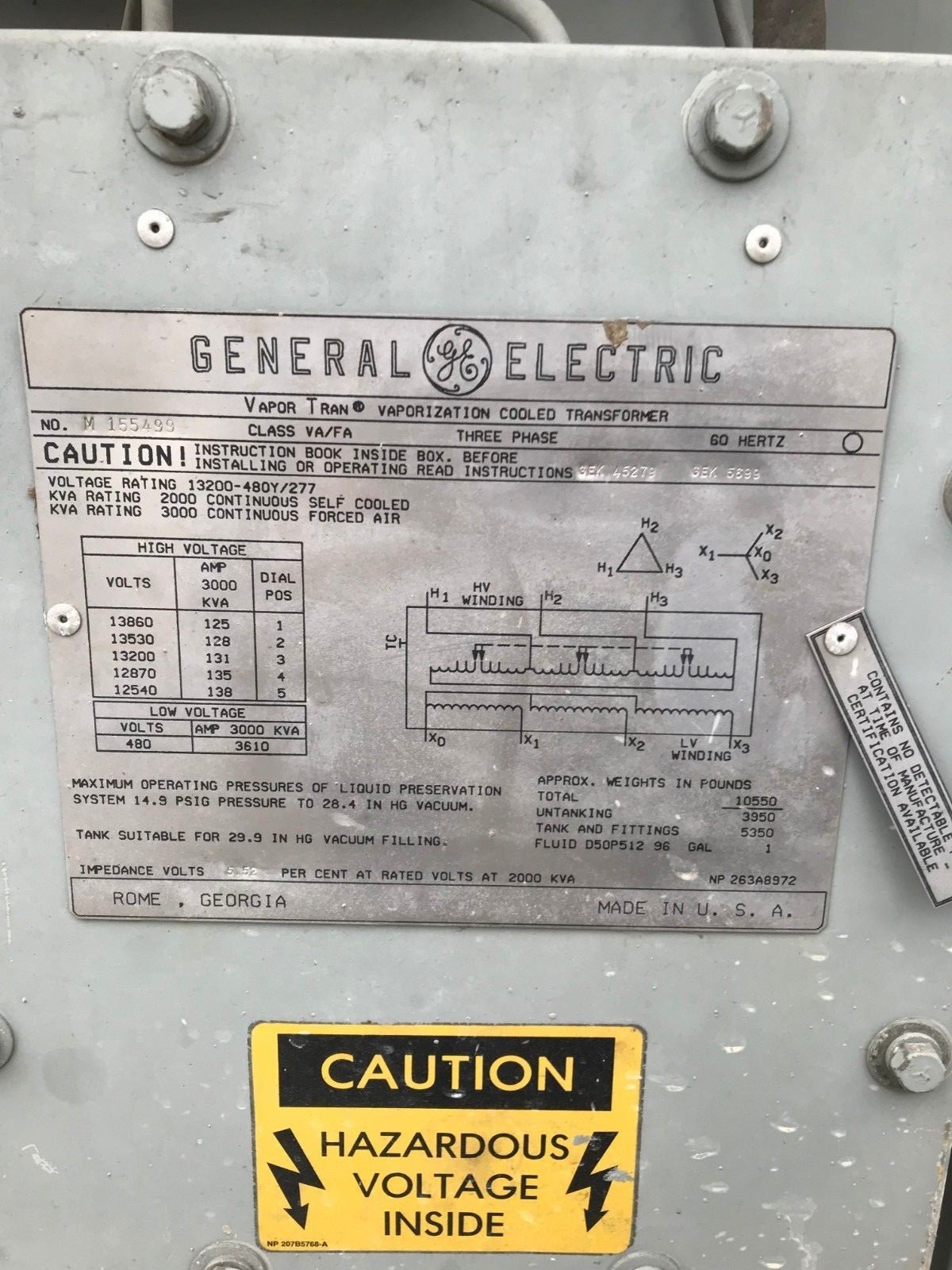 General Electric 2000 KVA Transformer  13200V - 480y/277