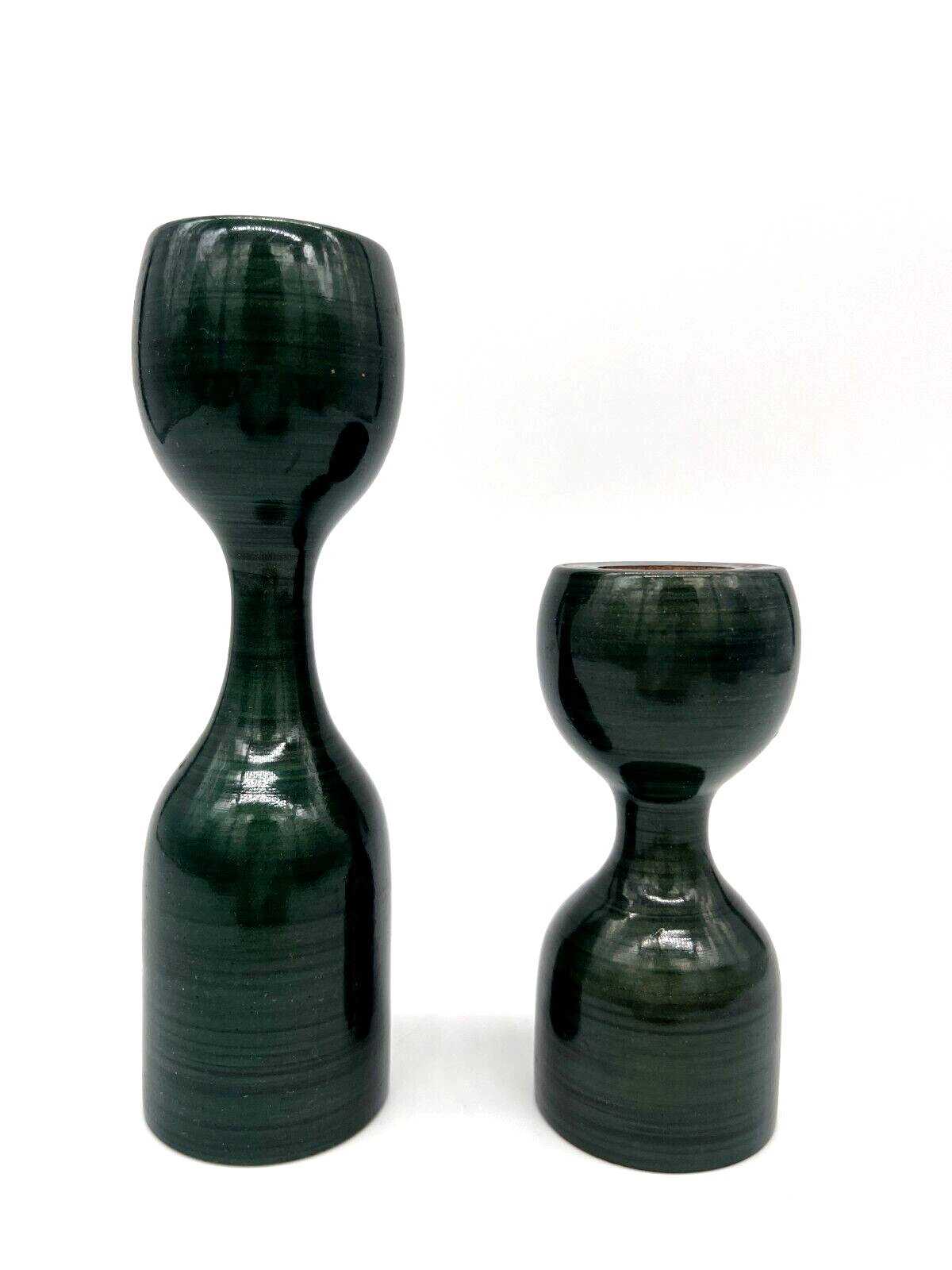 Danish Modern Wood Hand Turned Shiny Green Candle Stick Holders Staggered Set 2