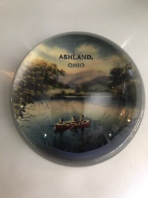 Vintage 1950 s Ashland Ohio Souvenir Solid Glass Paperweight With Canoe On River