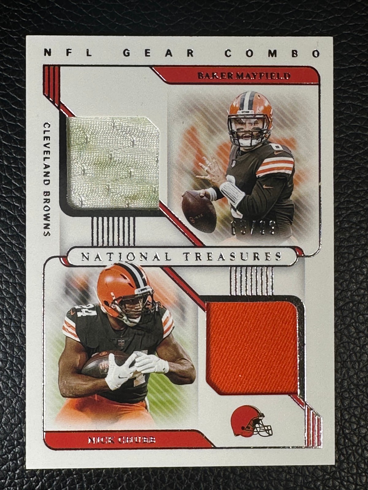 2020 National Treasures NFL Gear Combo Baker Mayfield Nick Chubb 65/99 Jersey