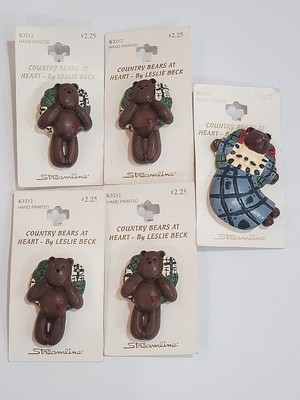 LOT OF 5  Large Vintage BUTTONS  BEAR 2'' STREAMLINE K3212 K3211 Hand Painted
