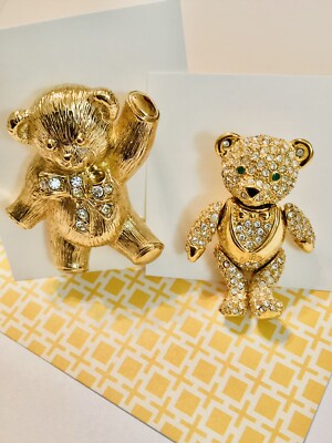 Vintage Lot of 2 Rhinestone Gold Tone Teddy Bear Brooches Joan Rivers & Avon