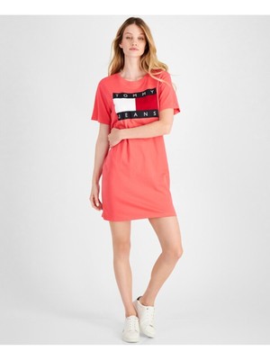 

TOMMY JEANS Женская коралловая футболка с логотипом, коротким рукавом и круглым вырезом, короткое платье, Коралл