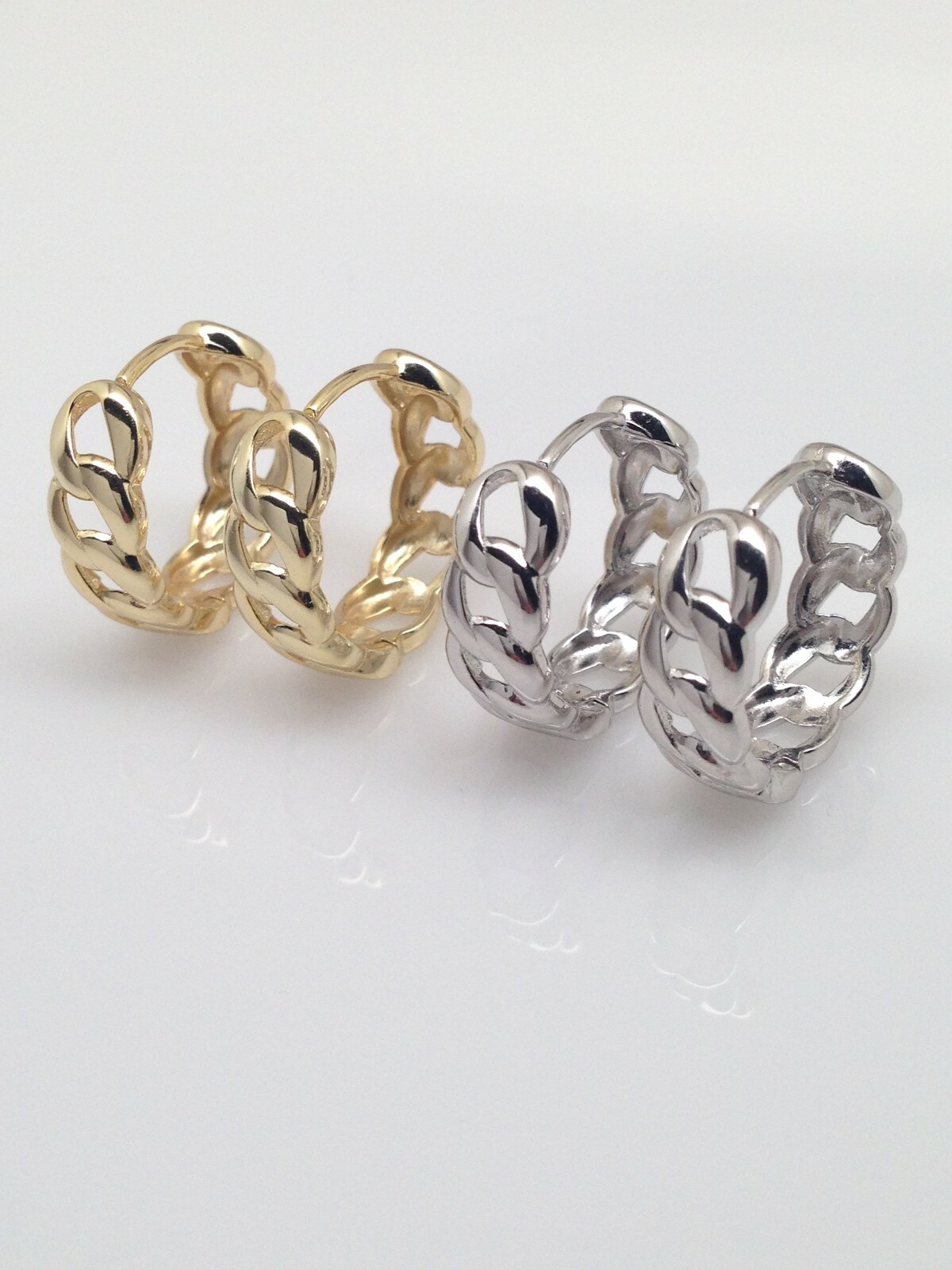 925 Sterling Silver Curb Cuban Link Hoop Earrings Mens