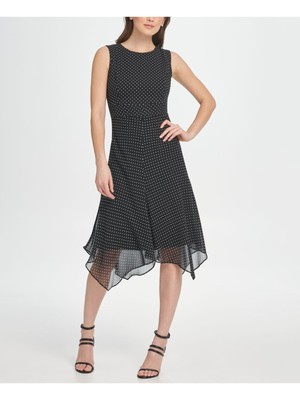 

DKNY Женское черное платье-футляр миди без рукавов в горошек с круглым вырезом, Черный