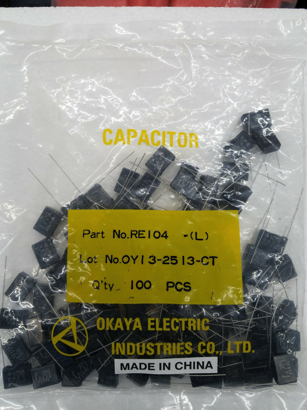 100 PIECE BAG, OKAYA RE104-L, .10 UF, 275 VOLT, NOISE