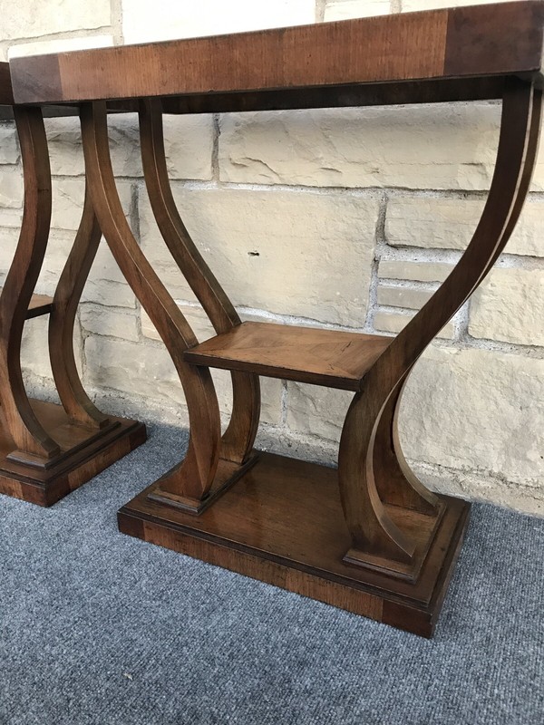 Pair of Art Deco Gilbert Rohde Style Walnut & Mirrored Etched Glass End Tables
