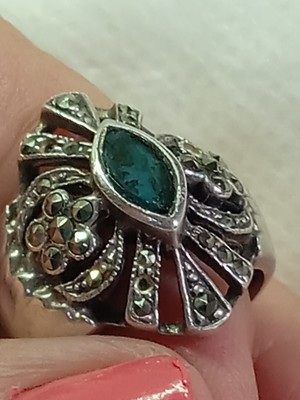 Marcasite Vintage 925 Sterling Silver Size 6 Ring With Teal Stone