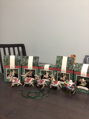 Vintage 1992 Hallmark Santa And His Reindeer Collection Christmas Ornaments Set