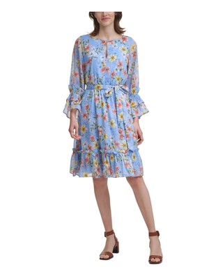 

CALVIN KLEIN Womens Blue Tie Chiffon Flared Cuffs Dress, Синий