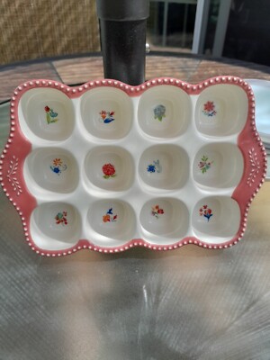 Pioneer Woman Celia Stoneware Egg Holder Coral 6x9x1.5 Inches Holds 12 Eggs