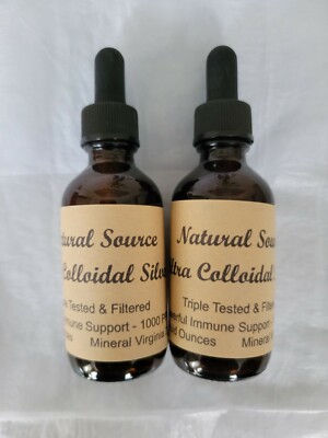 2 Bottles Natural Source Ultra Colloidal Silver 1000 PPM - 2oz Dropper Bottles 