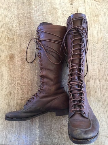 Antique vintage tall lace brown leather boots hiking aviator riding 9 9.5 10 GUC