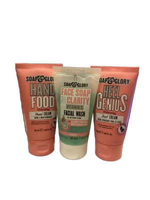 Soap & Glory 3pc Travel Sized Hand Cream Heel Genius Foot Cream Vita C Face Wash