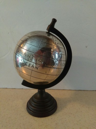 WORLD GLOBE CHROME FINISH ROTATING BROWN  METAL STAND  8.5