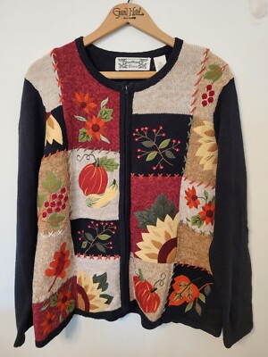 Vintage Cardigan Sweater Full Zip Fall Autumn Embroidered Black Size XL 