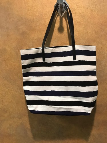 Kate Spade Womens White Black Blue Medium Stripe Shoulder Tote Handbag