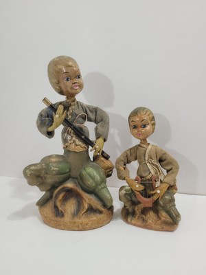 SET OF 2 ~ Vintage 1960s Tilso Pixie Elfs Playing Instruments Figurine 