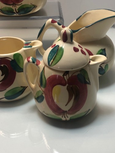 Puritan Slip Ware Pottery Apple Pattern lot 6 Pcs Teapot Sugar Creamer Cup