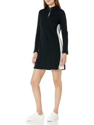 

Женское черное короткое платье из хлопковой смеси DKNY с логотипом на молнии и длинными рукавами, Черный