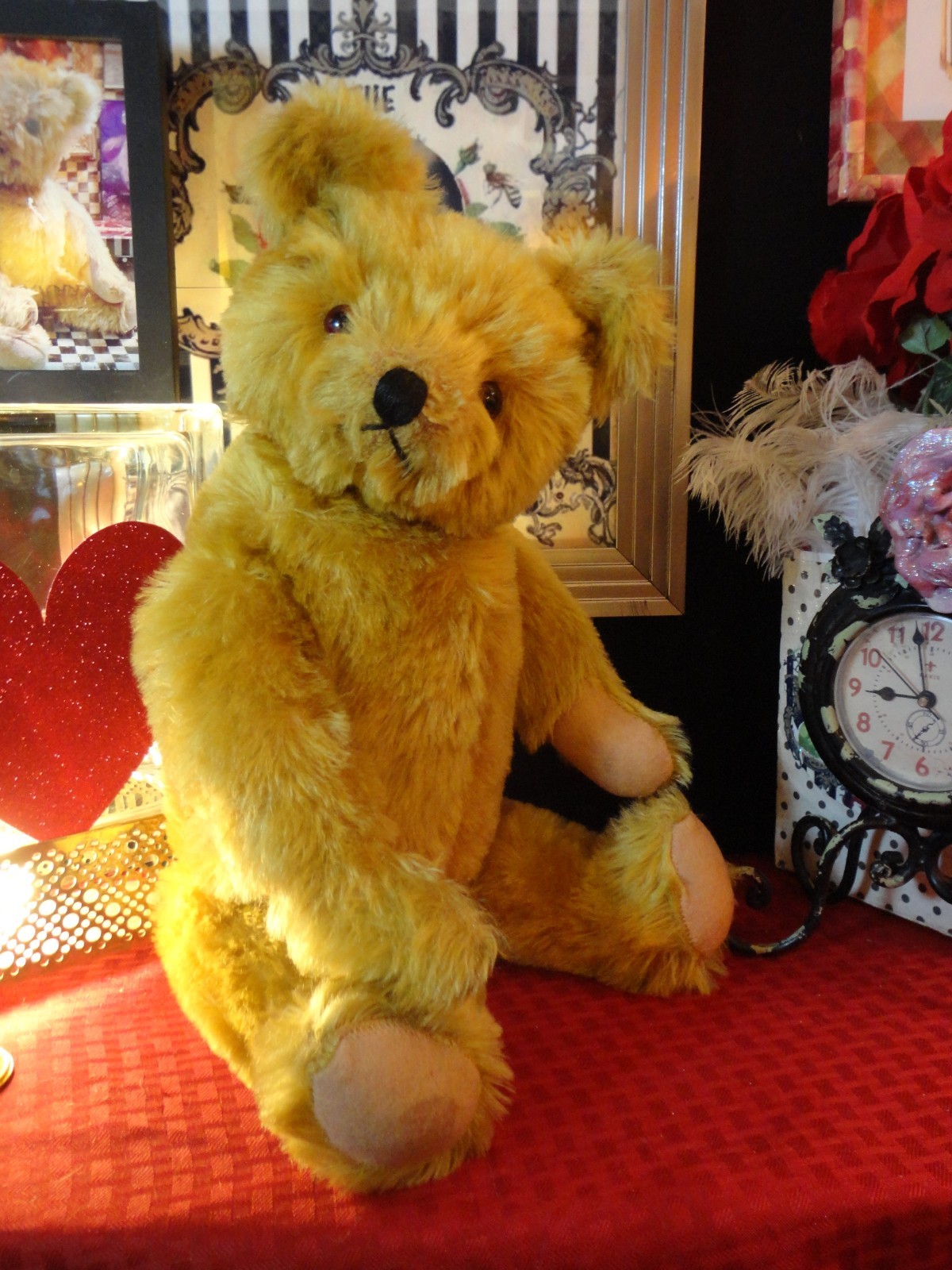 20” ANTIQUE 1930s KNICKERBOCKER TEDDY BEAR, GOLD MOHAIR FELT PADS FULLY JOINTED