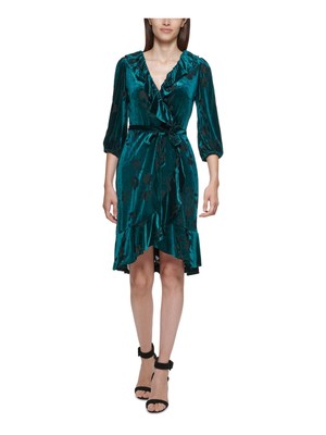 

CALVIN KLEIN Womens Green Velvet Burnout Формальное платье Hi-Lo с рукавами 3/4, Зеленый