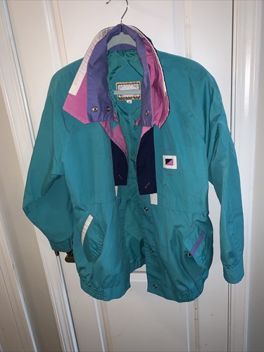 Vintage 80s Current Seen Retro Teal Color Block Full Snap Jacket M