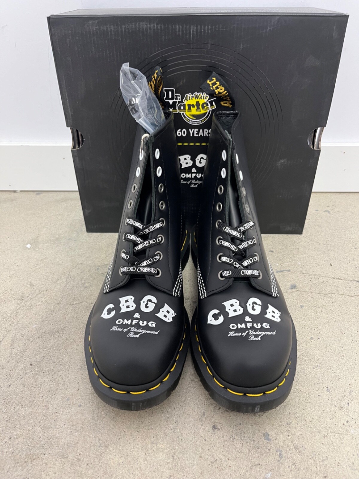 Pre-owned Dr. Martens 1460 Cbgb Printed Rolled Leather Boots Black/white All Sizes