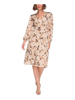 TOMMY HILFIGER Womens Beige Lined Front Waist Sleeve Dress 12