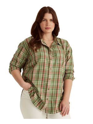 

LAUREN RALPH LAUREN Женский зеленый клетчатый топ на пуговицах с изогнутым краем плюс