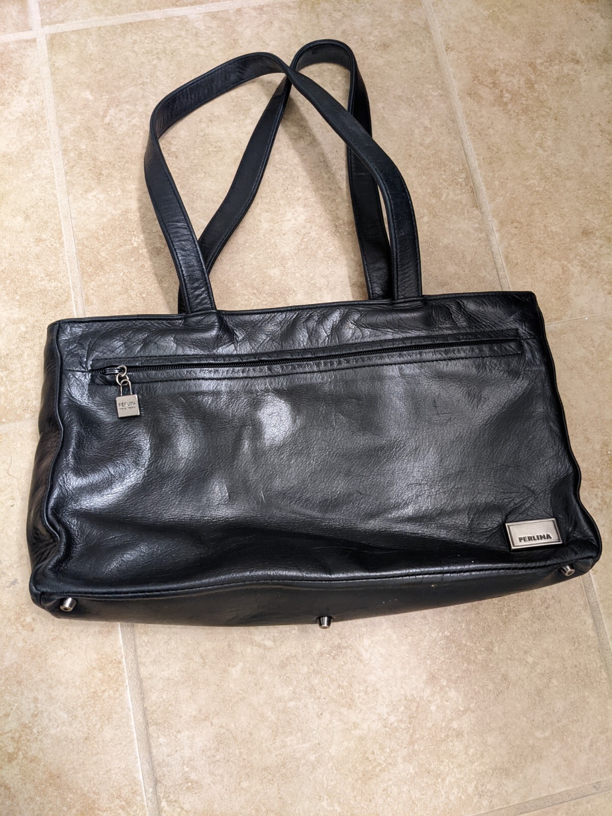 Perlina New York Black Leather Satchel Handbag Shoulder Bag Perlina New York Black Leather Satchel Handbag Shoulder Bag