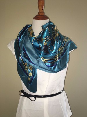 New Big Square Silk like Satin Large Scarf Wrap Shawl Blue Green Gold Tassel 