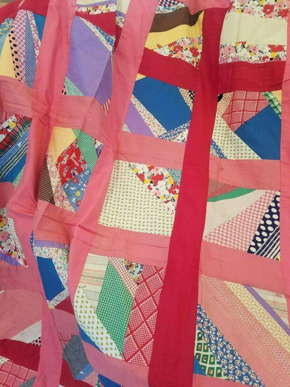 Vintage 1940's 50's PATCH WORK CRAZY QUILT Backed Quilt Top 72 x 64 ~To Finish