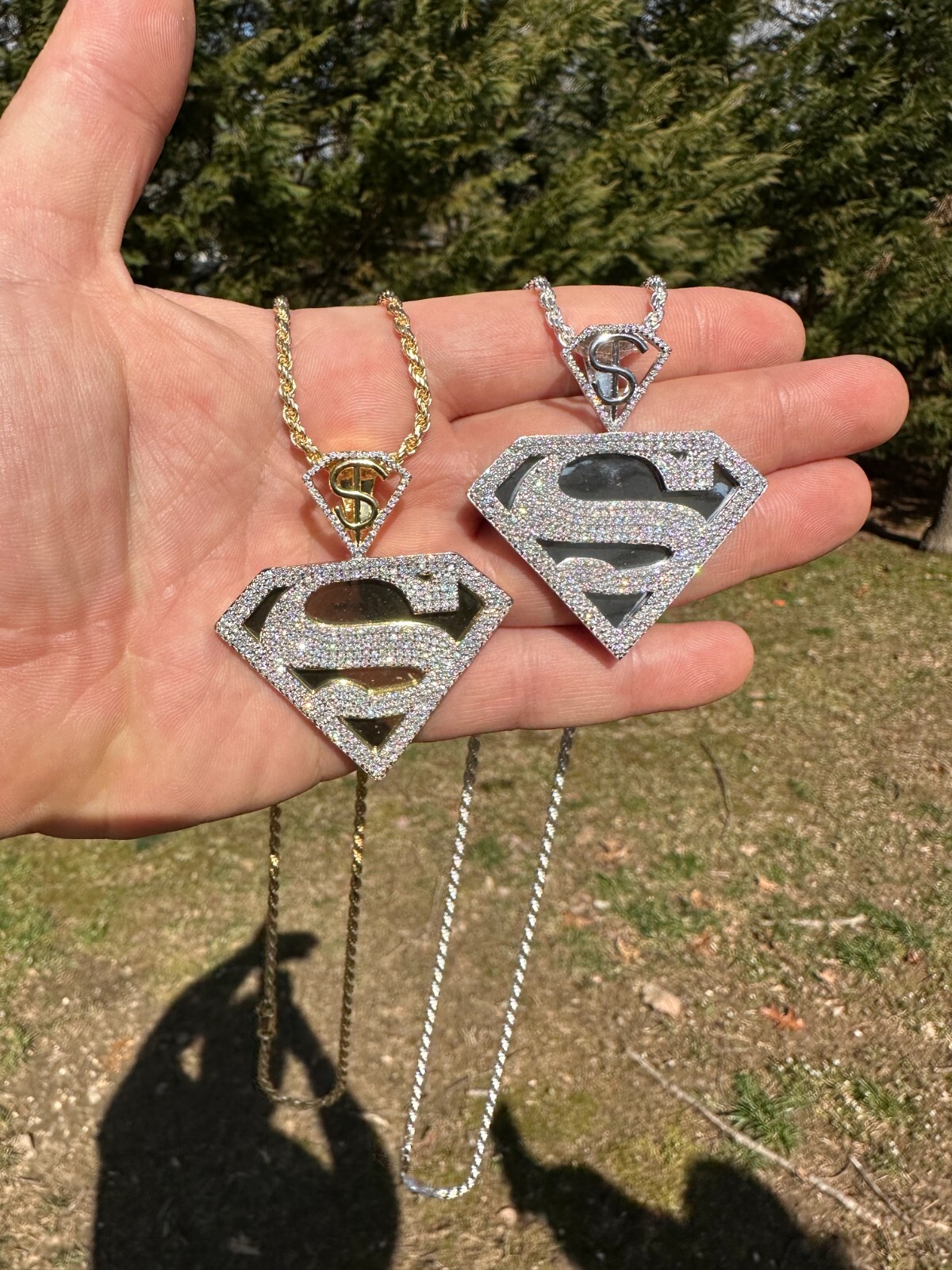 Pre-owned Harlembling Moissanite Real 925 Silver/gold Plated Iced Superman Superhero Pendant Necklace In White