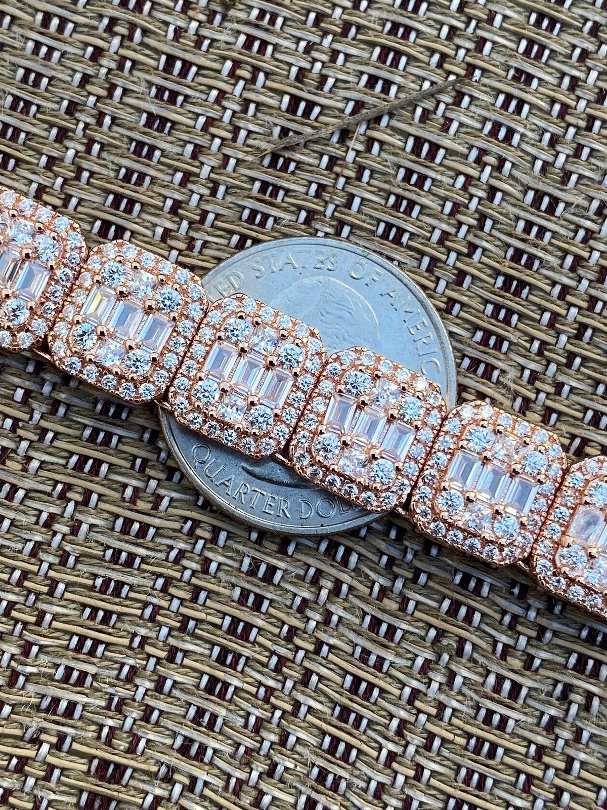 Pre-owned Silver Men's Baguette Tennis Chain Rose Gold Plated Real 925  18" Choker - 30" Cz In Pink