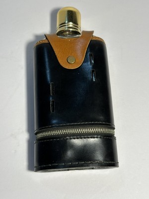 Vintage Swank Leather Travel Flask With Room For Two Shot Glasses