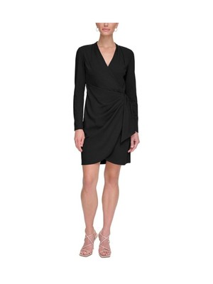 DKNY Womens Black Draped Skirt Long Sleeve Above The Knee Faux Wrap Dress 4