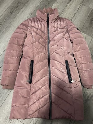DKNY Women's ' Puffer Jacket Mid- Length Hooded Winter Coat Pink
